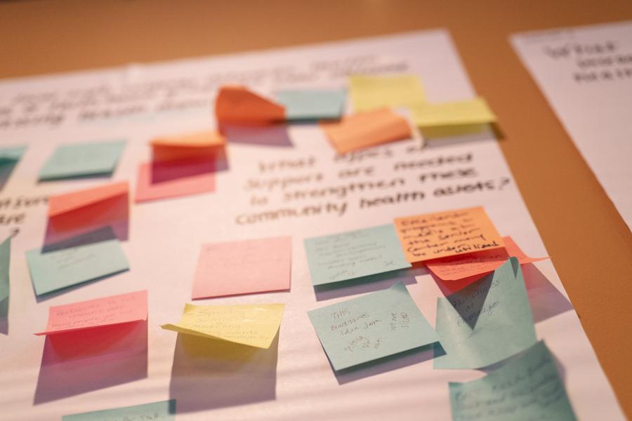 Sticky notes answering a community health prompt